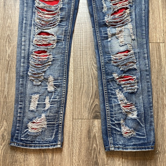 Rogue Vintage distressed street ripped blue red jeans, size 38 x 33 - Picture 4 of 11